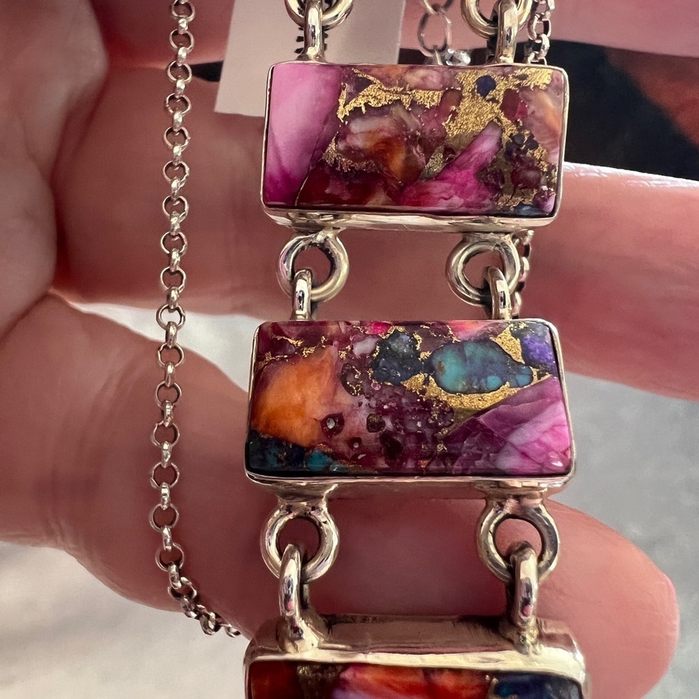 ❤️ Pink Dahlia Turquoise 925 Southwestern Navajo Style Bar Necklace 18+2” 21.6gm - Picture 10 of 16